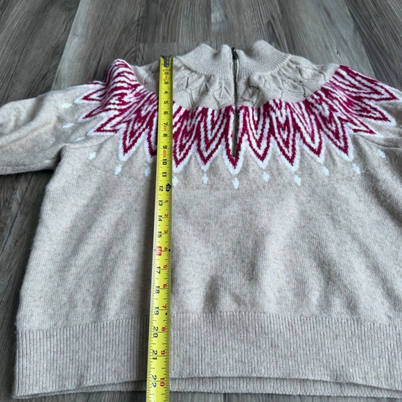 LOFT Cozy XL Fair Isle Quarter Zip Sweater Oatmeal Beige Burgundy Cable Knit - Picture 4 of 5